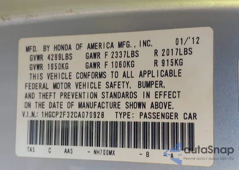 2012 Honda Accord 2.4 Lx z USA, uszkodzony, nr VIN 1HGCP2F32CA070928